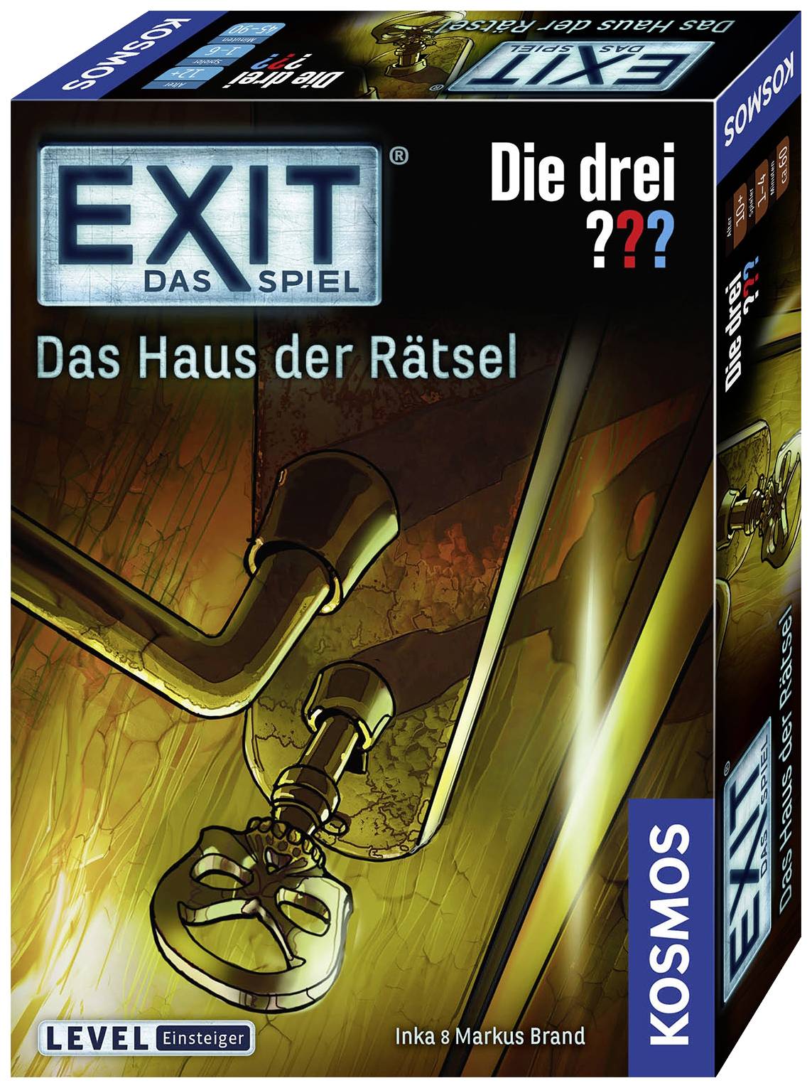 A 'EXIT A játék: A három ??? Rejtélyek Háza' társasjáték doboza grafikus kulcsmotívummal. Szint: Kezdő.
