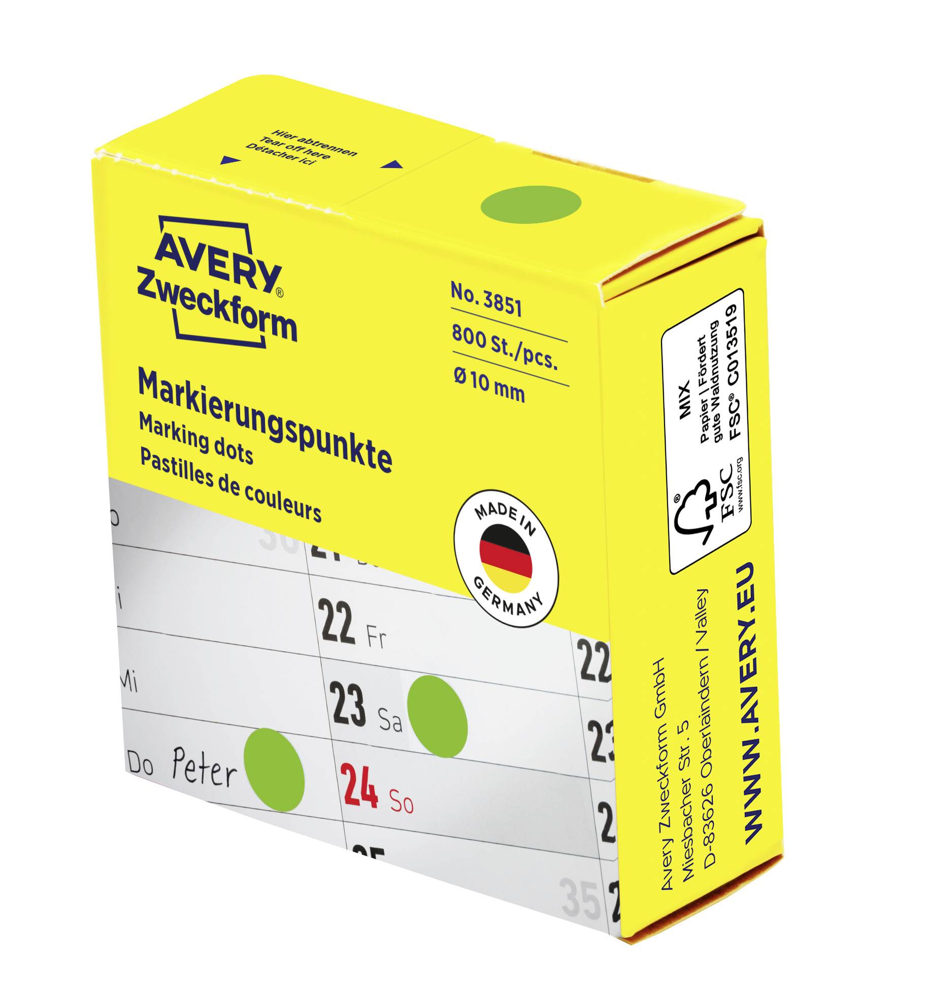 Sárga csomagolású 'AVERY Zweckform' jelölőpontok, Cikkszám: 3851, 800 darab, 10 mm átmérő, a 'biztos tapadóerő' felirattal.