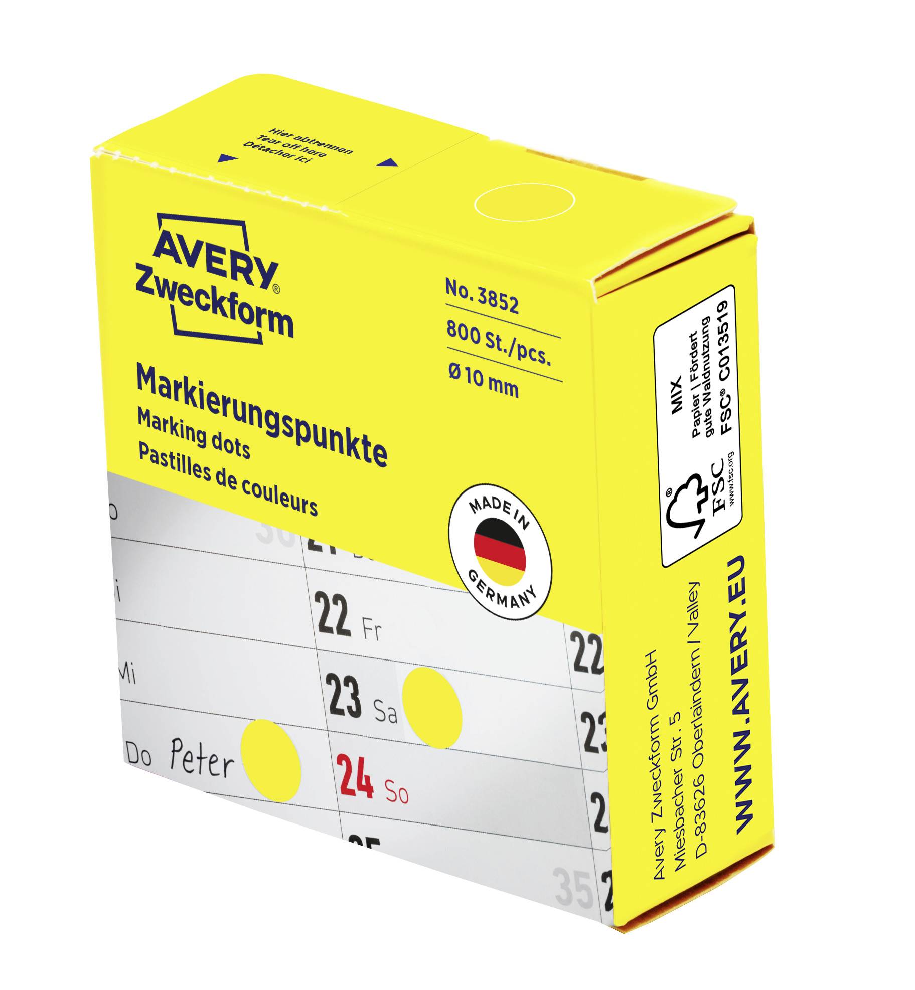 'Sárga jelölőpontok, 800 darab, 10 mm átmérő, biztos tapadóerő. Avery Zweckform csomagolás.'