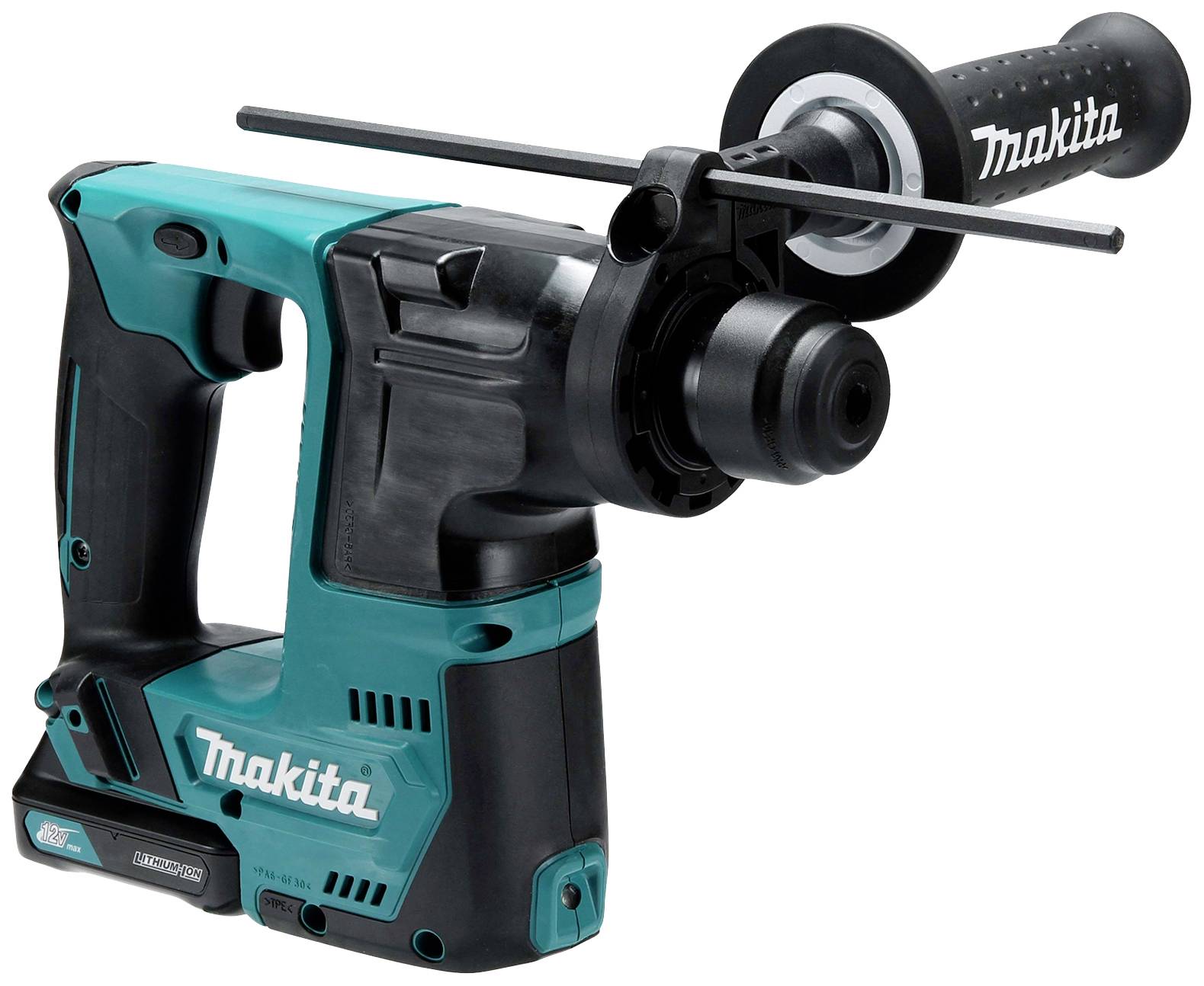 Makita akkumulátoros fúrókalapács fekete és türkiz színben, levehető markolattal, alkalmas sokféle fúrási és ütő alkalmazáshoz.