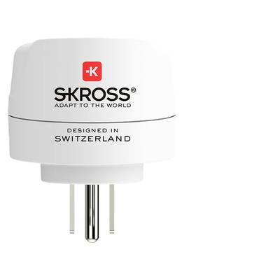 Skross utazóadapter a 'Adapt to the World' és a 'Designed in Switzerland' felirattal, alkalmas különböző típusú csatlakozóaljzatokhoz.