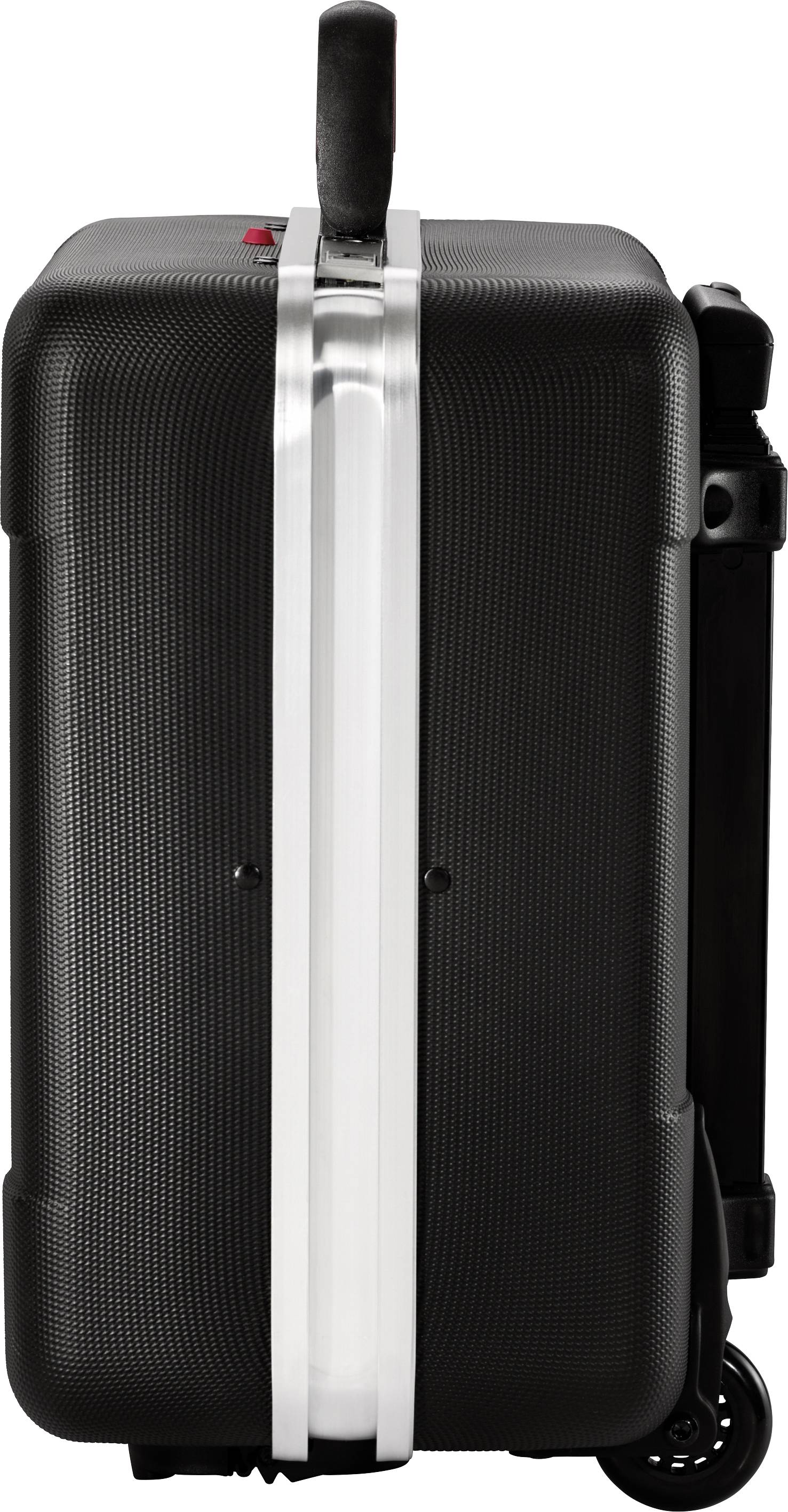 Fekete kemény héjú bőrönd ezüst középső csíkkal és felső fogantyúval, oldalról nézve, kerekeken.