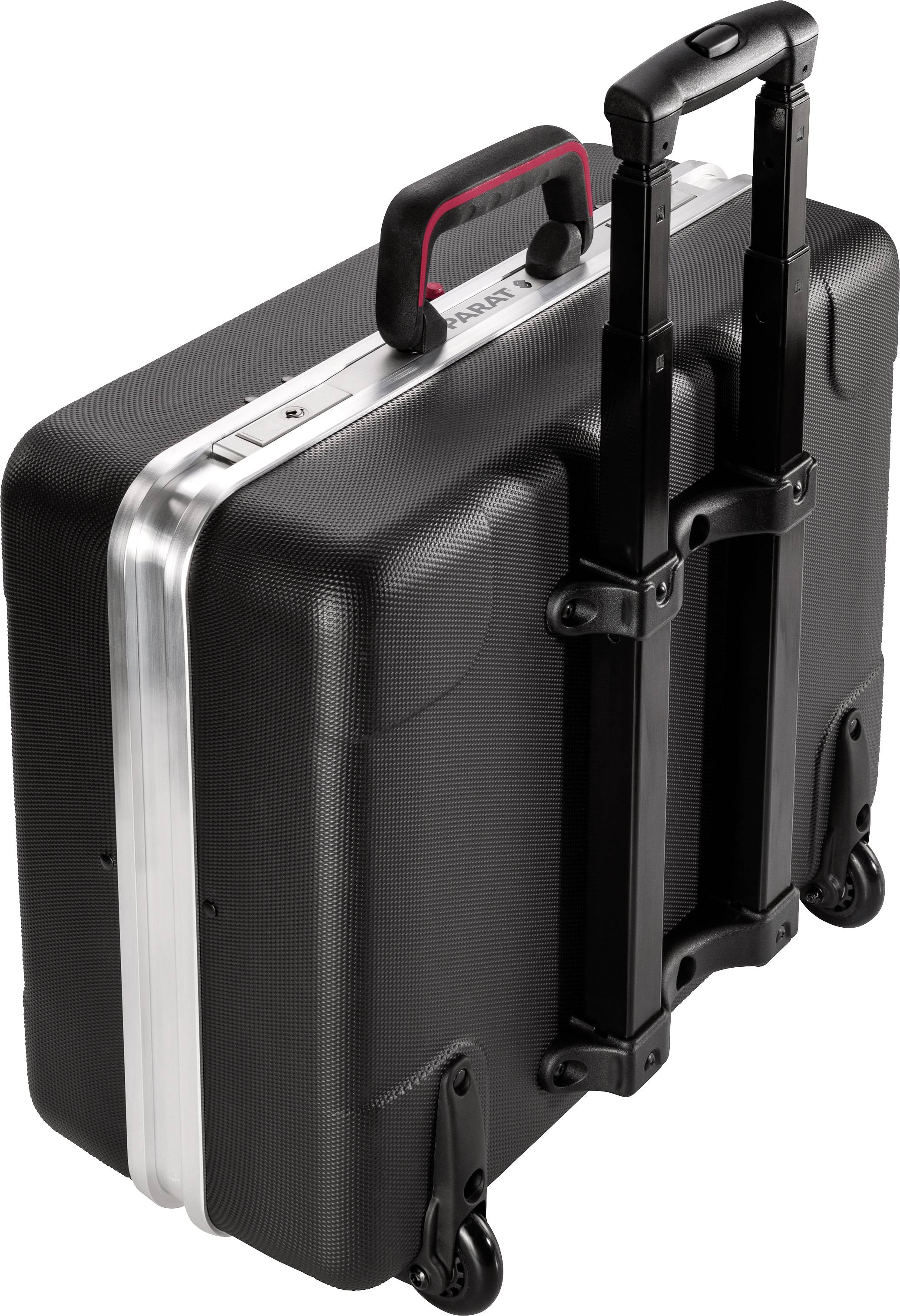 Egy fekete görgős bőrönd ezüst cipzárral és kihúzható fogantyúval, kerekeken. Utazásra alkalmas.