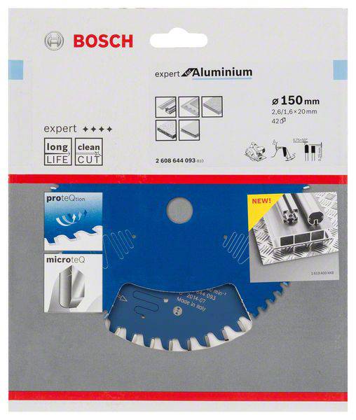 Egy Bosch körfűrészlap alumíniumhoz, 150 mm átmérőjű, "Hosszú Élettartam" és "Precíz Vágás" tulajdonságokkal.