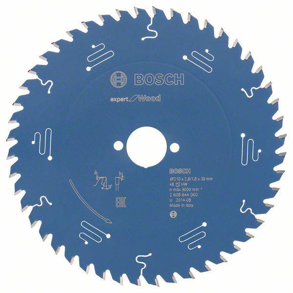 Bosch körfűrészlap fához, 210x2,5x30 mm, alkalmas akár 9000 ford/perc sebességig, gyártva Olaszországban.