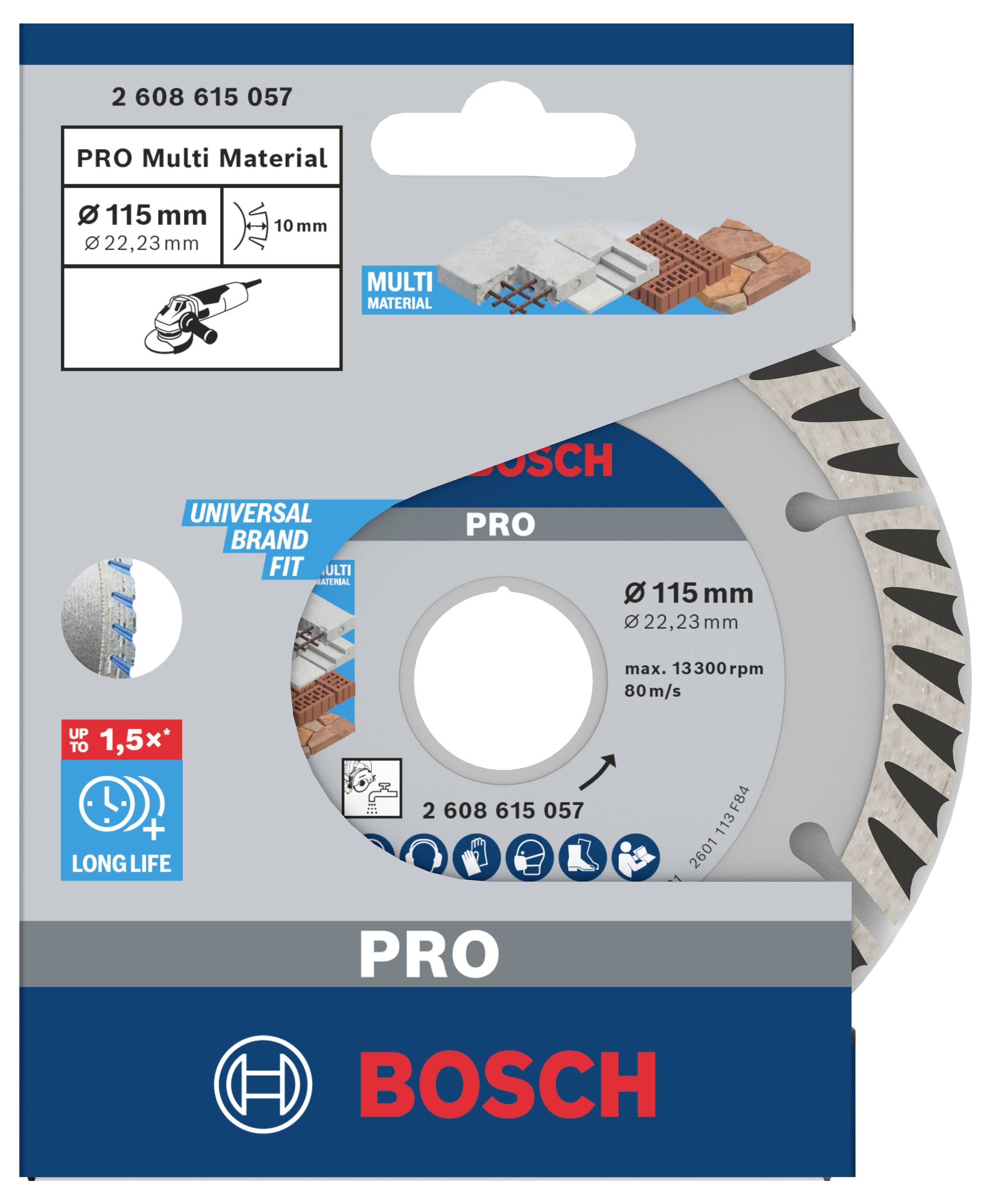 Bosch PRO többanyagú vágótárcsa csomagolása, 115 mm átmérő, különböző anyagokhoz alkalmas, tartós.