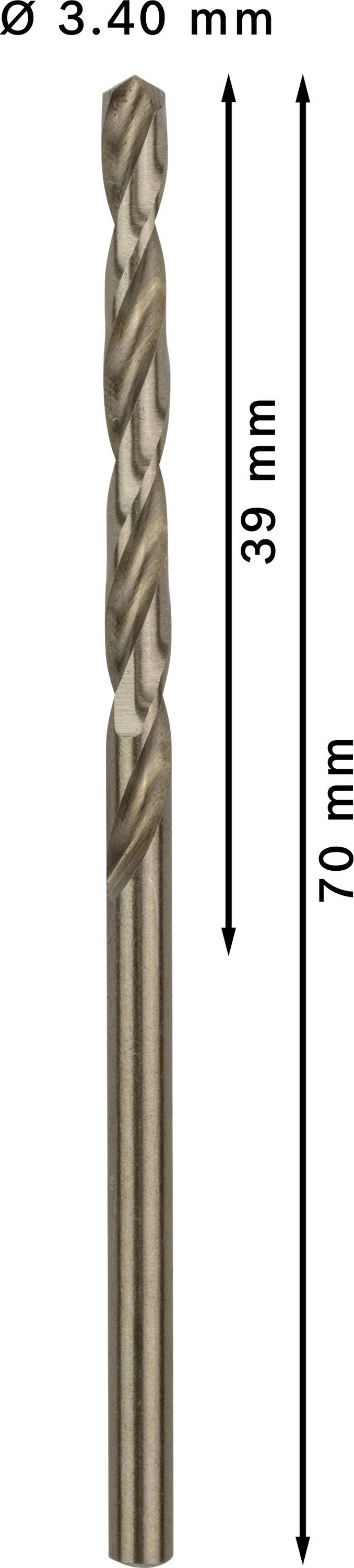 Fúró 3,40 mm átmérővel, 70 mm teljes hosszúsággal és 39 mm vágóélhosszúsággal, finomfúrási munkákhoz alkalmas.