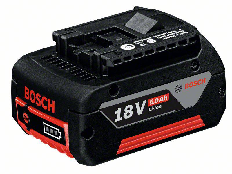 Egy fekete Bosch 18V 5,0 Ah lítium-ion akkumulátor.