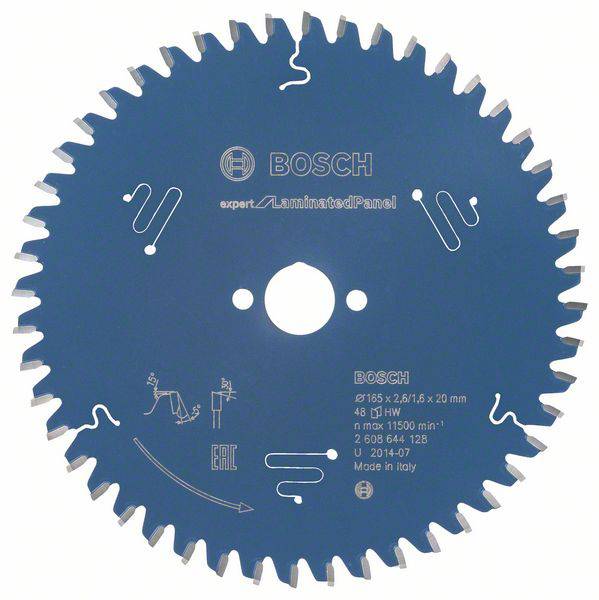 Bosch körfűrészlap, kék, 48 foggal, laminált padlóhoz alkalmas. Felirat: 'expert for Laminated Panel', 'Made in Italy'.