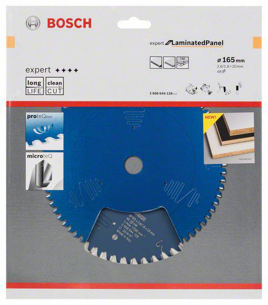 Bosch körfűrészlap, kék, lamináthoz alkalmas, 165 mm átmérőjű, precíz és tiszta vágásokhoz.