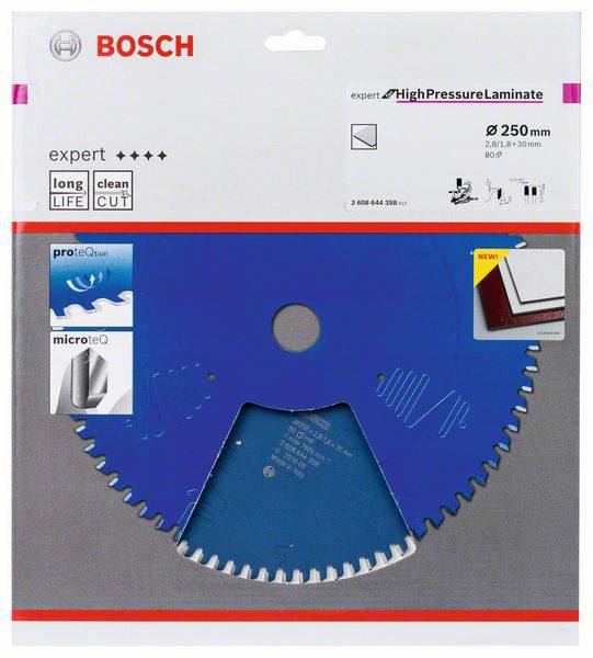 Egy Bosch fűrészlap csomagolása, amely alkalmas magasfényű laminátokhoz, 250 mm átmérőjű, piktogramokkal a tartósság és a precíz vágások jelölésére.