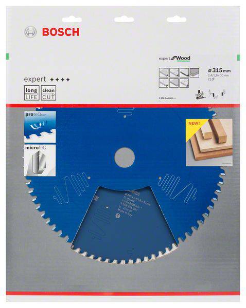 Bosch körfűrészlap, fafeldolgozáshoz alkalmas, átmérő 315 mm. A csomagolás kiemeli a tartósságot és a precíz vágásminőséget.