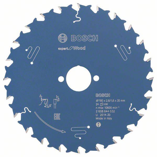 Bosch körfűrészlap fához, 24 foggal, 180 mm átmérő, 30 mm furat. Modellszám 2 608 644 032, Olaszországban gyártva.