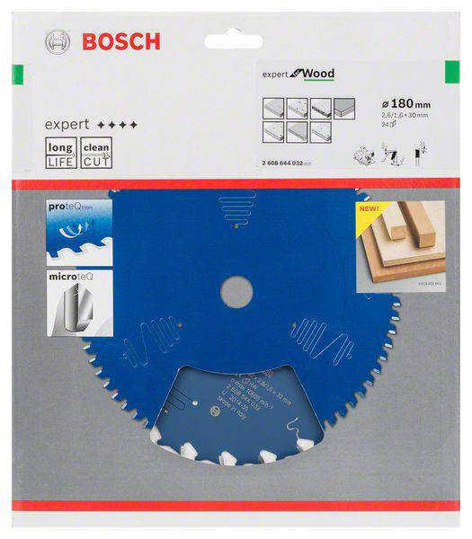 Bosch körfűrészlap fának, 180 mm átmérőjű, kék, csomagolással. Pontos és tiszta vágásokhoz alkalmas.