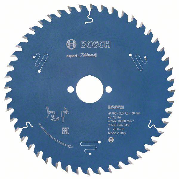 Bosch körfűrészlap kék háttérrel, 190 mm átmérőjű, faipari felhasználásra, maximum 10000 ford/perc, 48 fogazat.
