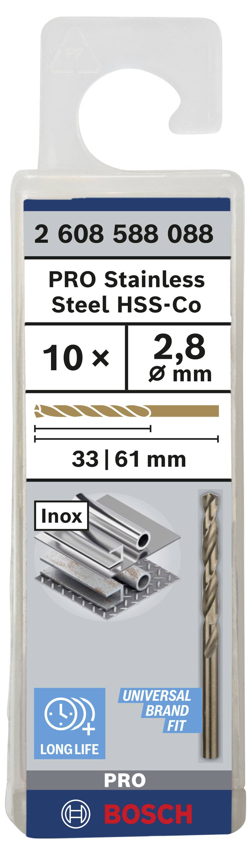 Csomagolás Bosch PRO rozsdamentes acél fúrókhoz. 10 darabot tartalmaz, 2,8 mm átmérővel. Alkalmas acélhoz, rozsdamentes. Hosszúság 61 mm.