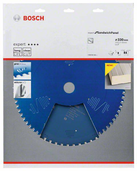 Kék Bosch fűrészlap szendvicspanelekhez, 330 mm átmérővel. A csomagolás bemutatja a felhasználási lehetőségeket és minőségi útmutatásokat.