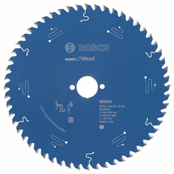 Bosch körfűrészlap fafeldolgozáshoz, 254 mm átmérő, kék, több foggal, specifikációs és használati útmutatóval ellátva.