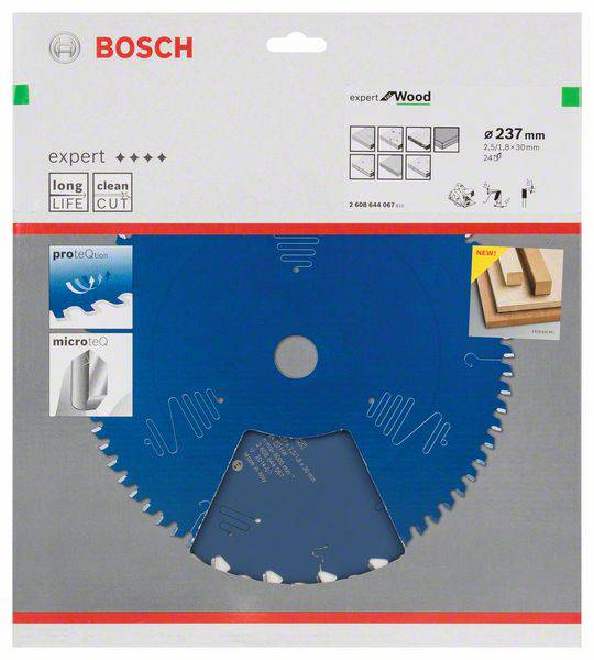 'Bosch körfűrészlap fához, ø 237 mm, expert sorozat, kék, kopásgátló védelmi technológiával és mikro fogazással a precíz vágásokért.'