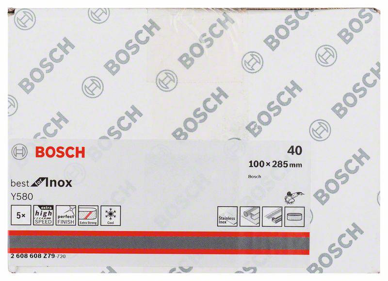 'Bosch Inox csiszolópapír Y580, 100x285 mm, 40-es szemcseméret, ellenálló, 5 darab/csomag, fémmegmunkáláshoz alkalmas.'