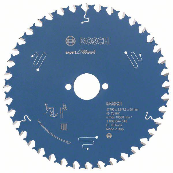 'Bosch körfűrészlap, Expert for Wood modell, 190 mm átmérő, 40 fog, maximális fordulatszám 10.000 ford/perc, gyártva Olaszországban.'