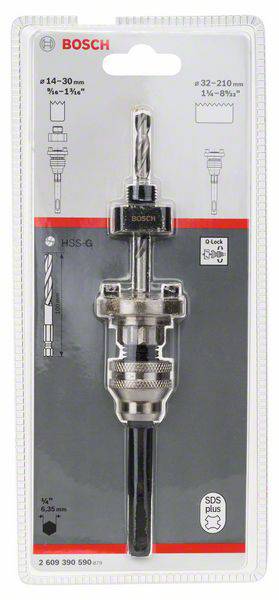 Bosch fúrófej-adapter csomagolásban. Alkalmas 14-210 mm-es lyukfűrészekhez. Tartalmaz további műszaki információkat a használathoz.