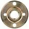Négy csavarlyukkal és egy központi nyílással rendelkező fémkarima, amelyet csövek összekötésére használnak; koncentrikus hornyokkal rendelkezik és enyhén fénylik.