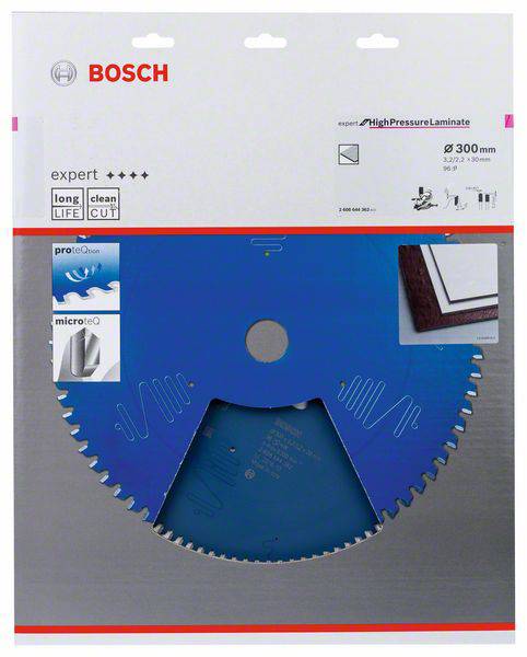 Kék körfűrészlap HPL-hez (nagy nyomású lamináthoz) Bosch-tól. A csomagolás alkalmazási útmutatót és minőségi jellemzőket tartalmaz.