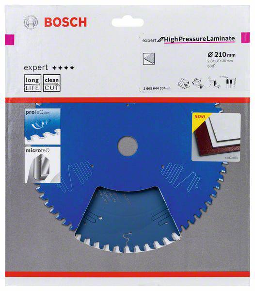 'Bosch "Expert for HighPressureLaminate" körfűrészlap. Átmérő: 210 mm, alkalmas magasnyomású lamináthoz, tartós és precíz vágás.'