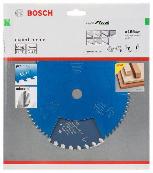 Bosch Expert körfűrészlap fához, Ø 165 mm, 2,6/1,6 mm, 20 mm-es furat, 36 fog, alkalmas tiszta vágásokhoz fában.
