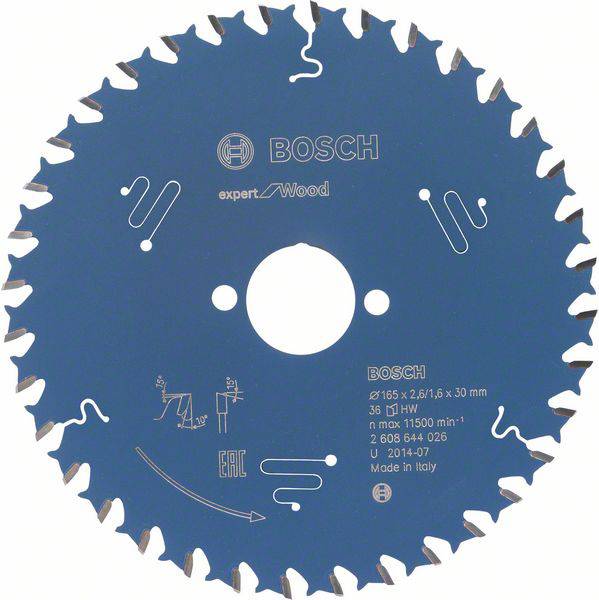 Bosch kék körfűrészlap, amelyen 'Expert for Wood' felirat, fa vágásához alkalmas, 165 mm átmérőjű, Olaszországban gyártva.