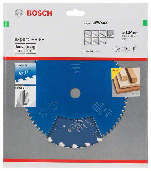 'Bosch Expert körfűrészlap fához. 184 mm, kék, tapadásmentes bevonat, csökkentett zajszint, precíz vágás.'