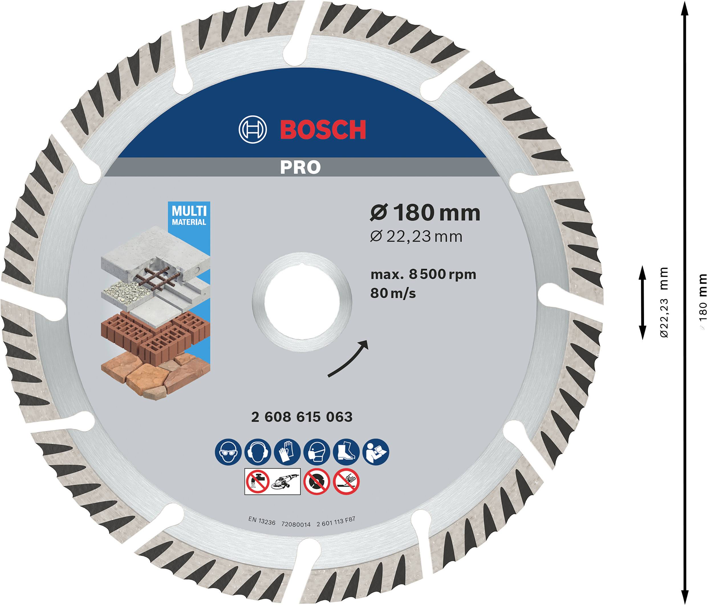 Bosch gyémánt vágótárcsa, 180 mm átmérő, multi-anyagokhoz. Fordulatszám 8500 ford/perc-ig, 80 m/s.