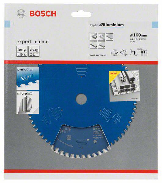 Bosch körfűrészlap alumíniumhoz, 160 mm átmérő. A csomagolás kék korongot mutat, védő és minőségi szimbólumok láthatók.