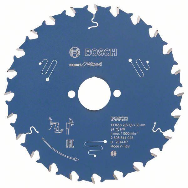 Bosch expert for Wood körfűrészlap, 165 mm átmérő, 24 fog, alkalmas fához, maximális fordulatszám 11.500 ford/perc.