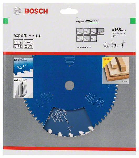 Kék Bosch körfűrészlap csomagolásban, fa megmunkálásához alkalmas. Felirat: 'expert', 'hosszú élettartam', 'precíz vágás', átmérő 165 mm.
