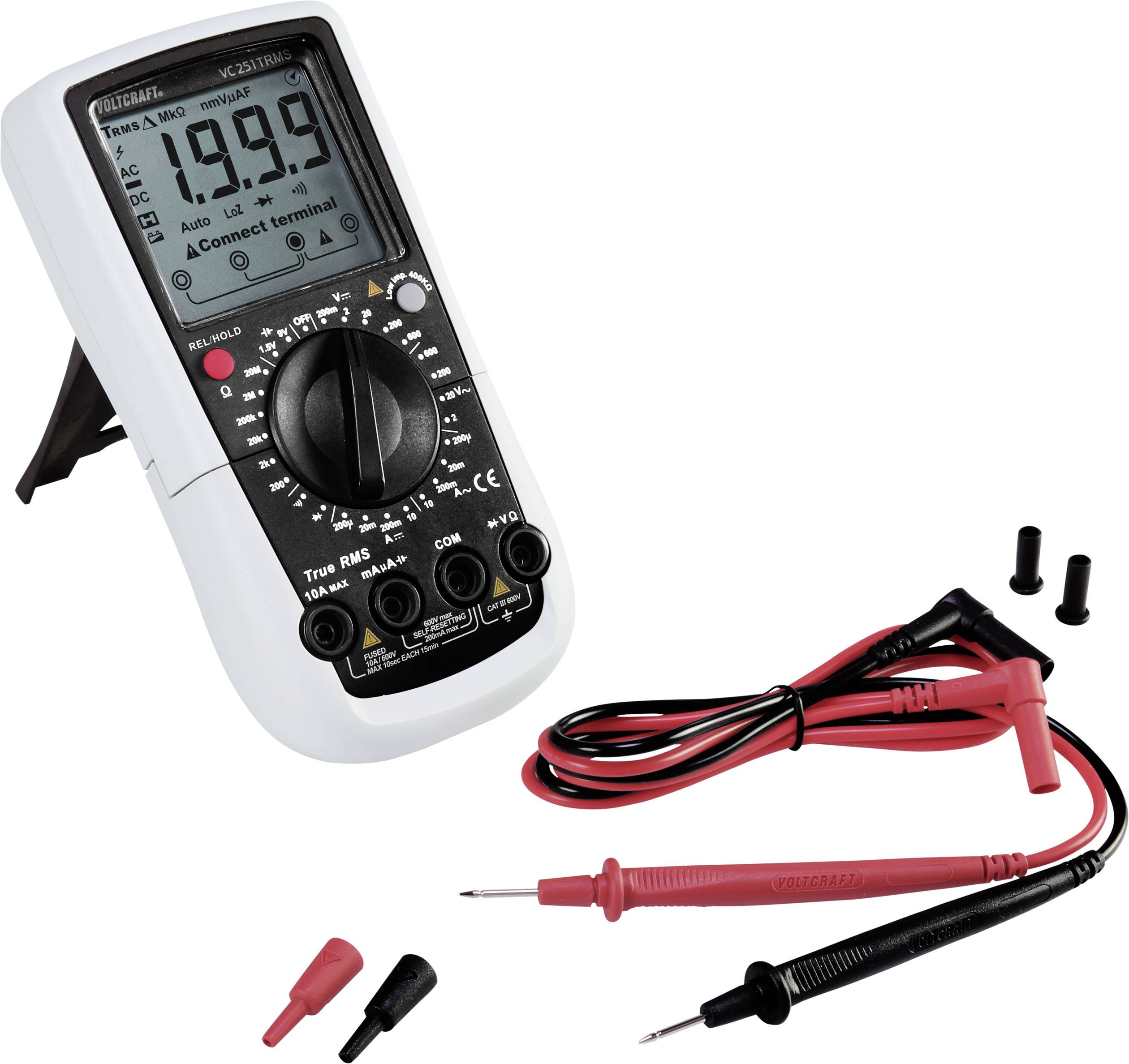 Digitális multiméter LCD-kijelzővel, állvánnyal és mérővezetékekkel. 199,9-et mutat. Elektromos paraméterek mérésére szolgáló műszer.