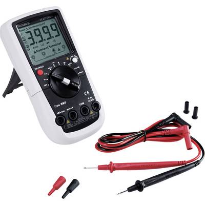 Digitális multiméter kijelzővel, forgókapcsolóval és mérővezetékekkel. '399.9' értéket mutat. Elektromos mennyiségek mérésére. Csatlakozók mellékelve.