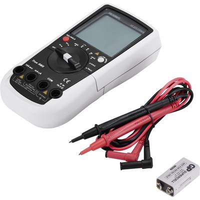 Multiméter mérővezetékekkel és egy 9V-es elemmel, alkalmas feszültség, áram és ellenállás mérésére elektronikai eszközökben.