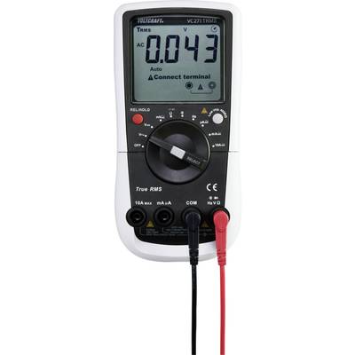 Egy digitális multiméter 0,043 volt váltófeszültséget mutat. Forgókapcsolóval és mérési célú kábelbemenetekkel rendelkezik.