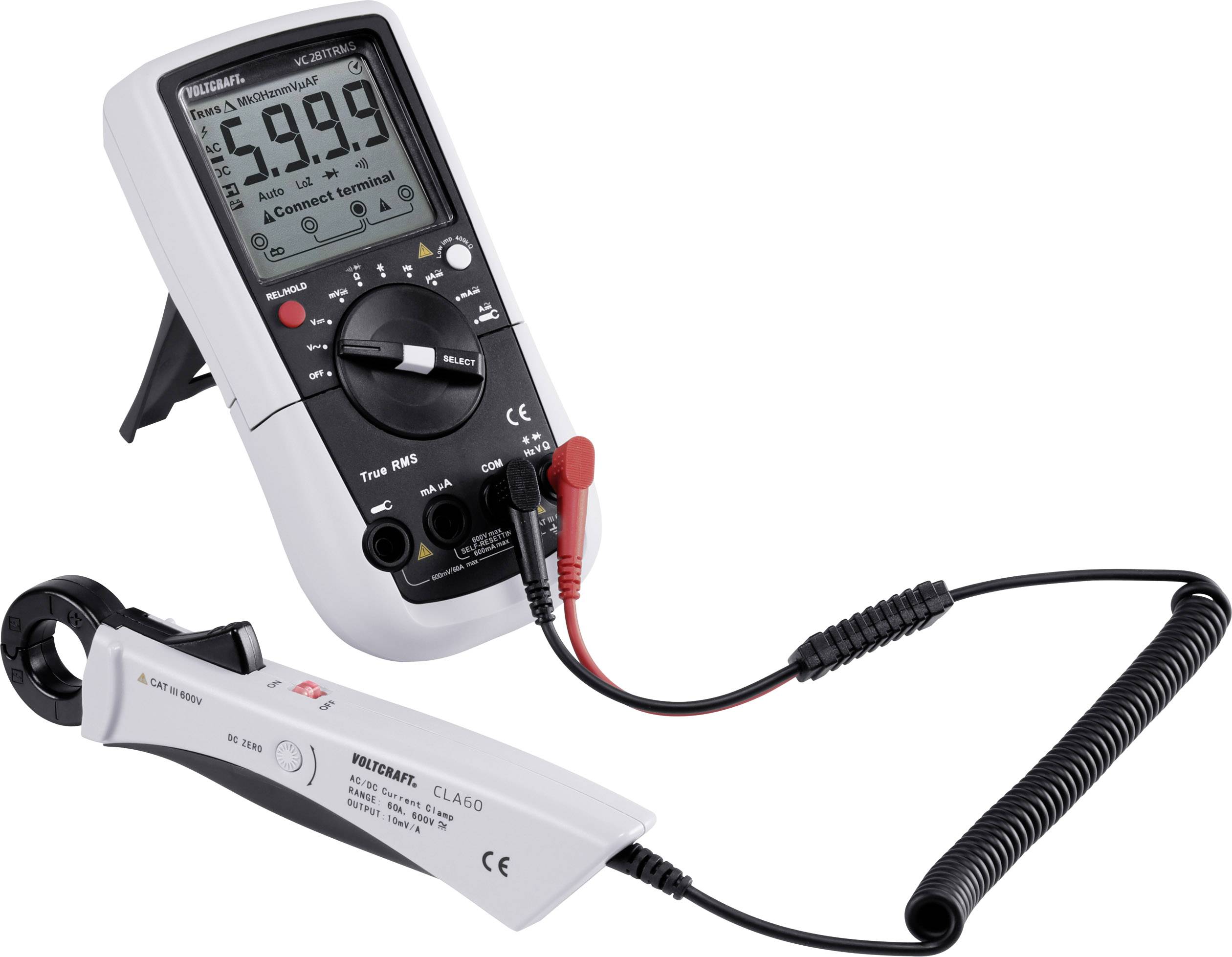 Digitális kézi multiméter lakatfogó adapterrel CAT III 600 V kijelző (digitek): 6000 VOLTCRAFT VC281-9