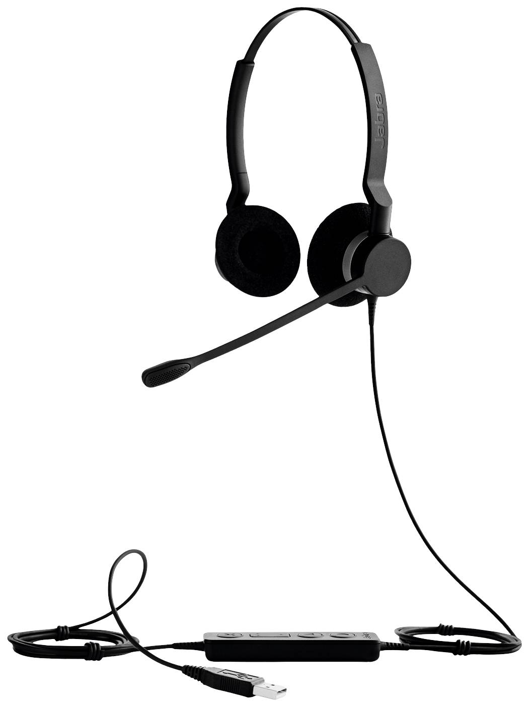 Egy fekete fejhallgató mikrofonnal és USB-csatlakozóval, amely alkalmas számítógépes vagy call center felhasználásra.
