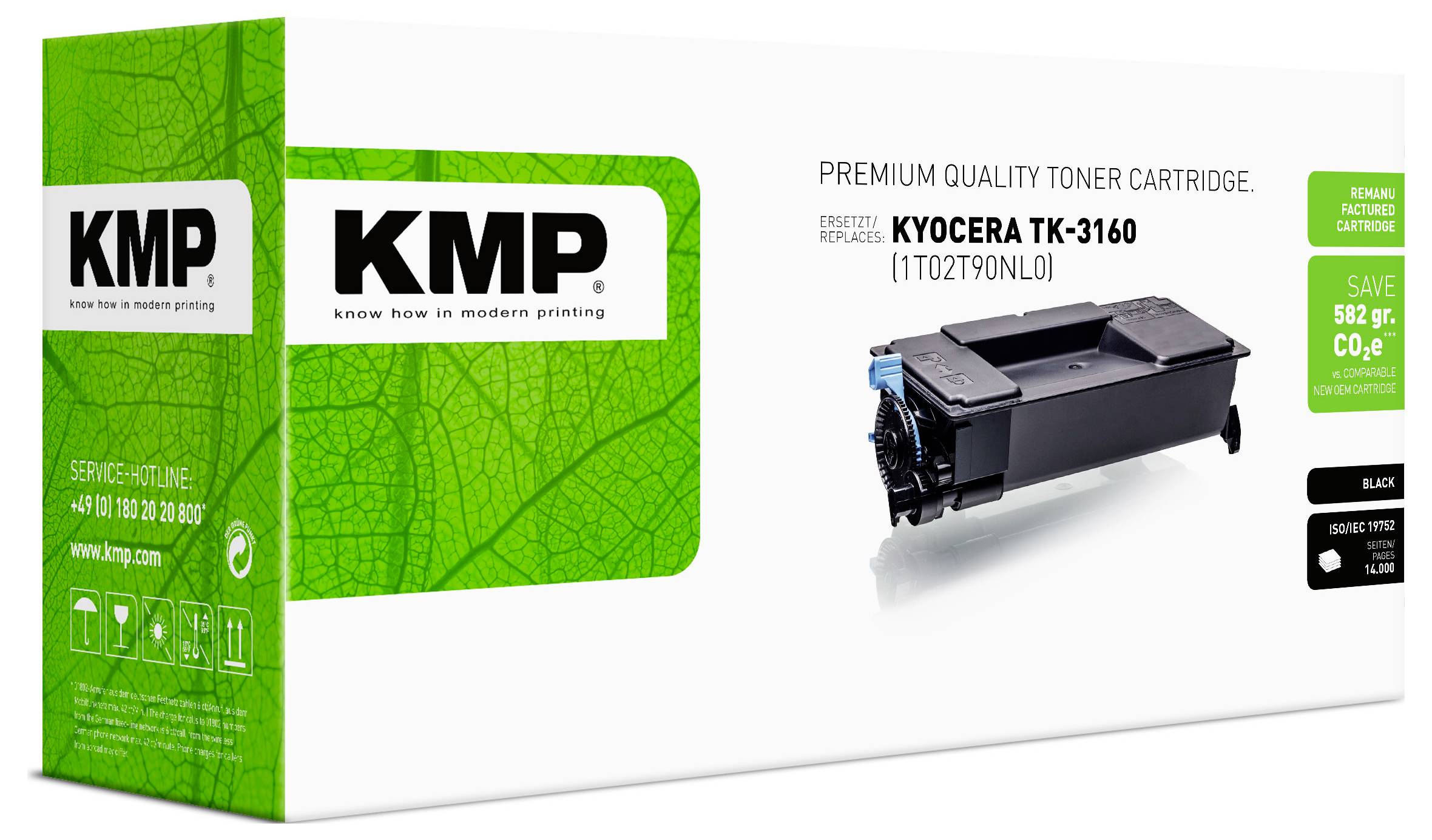 KMP prémium minőségű tonerkazetta a Kyocera TK-3160-hoz, zöld-fehér csomagolásban, fekete kazettaképpel és "Black" (Fekete) felirattal.