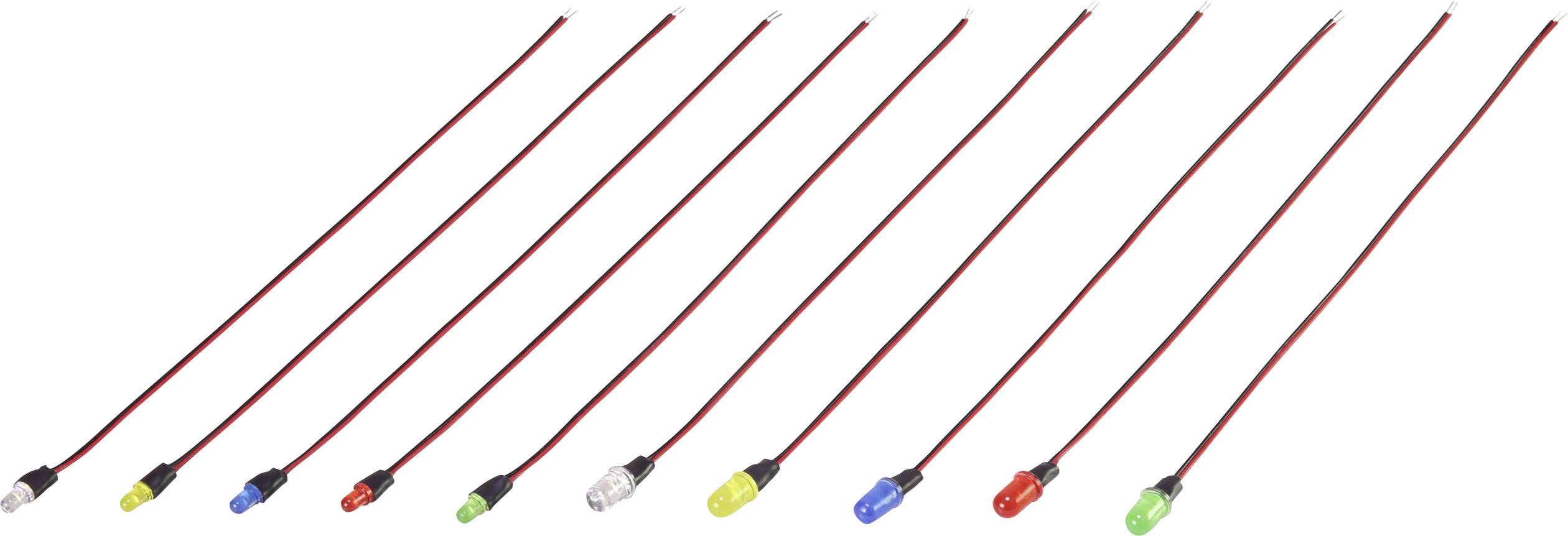 Tíz színes LED-lámpa kábelekkel, sorba rendezve. A színek: piros, zöld, kék, sárga és fehér. Elektronikai projektekhez alkalmas.