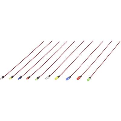 Tíz színes LED-lámpa kábelekkel, sorba rendezve. A színek: piros, zöld, kék, sárga és fehér. Elektronikai projektekhez alkalmas.