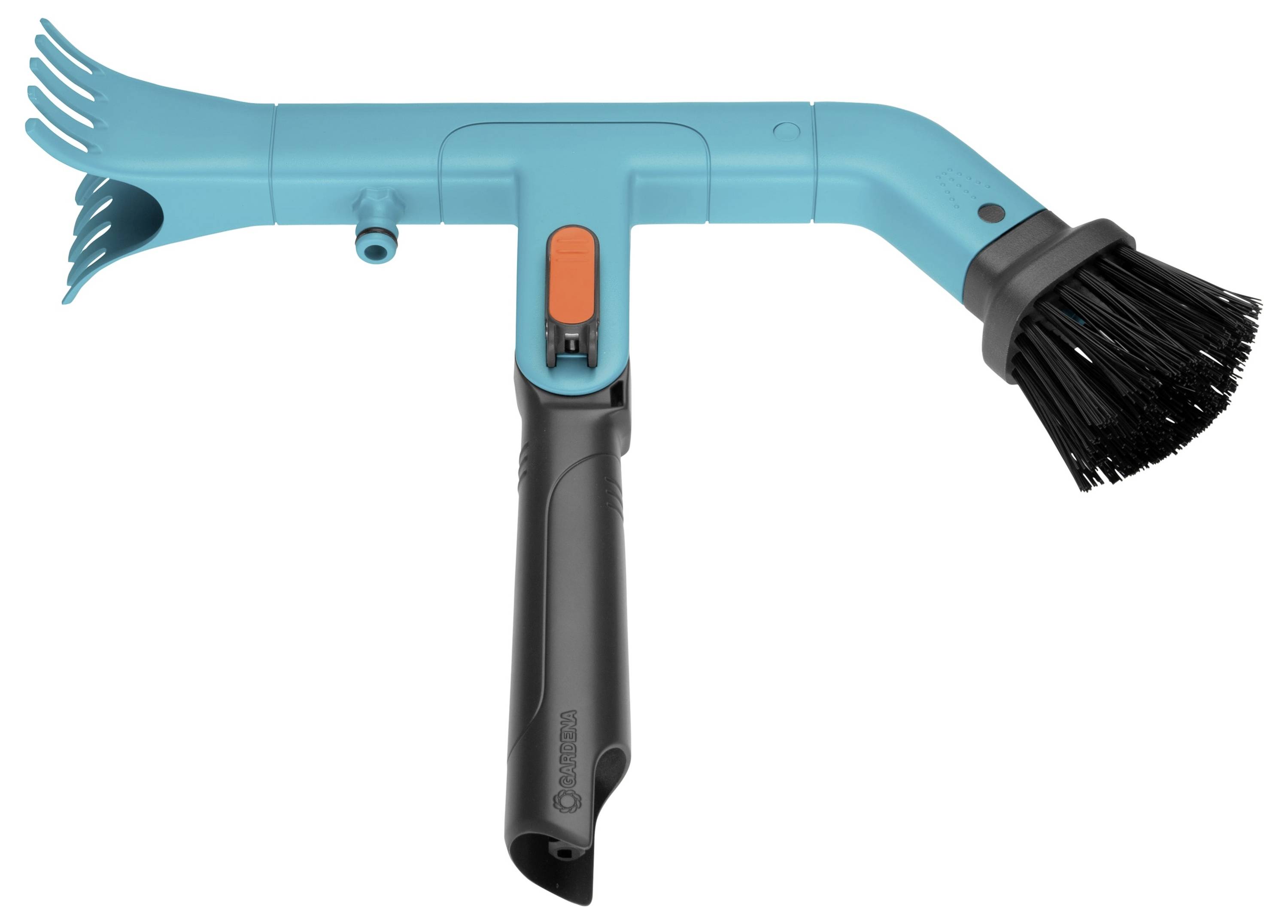 Egy kék és fekete tisztítófúvóka kefés végződéssel, amely alkalmas kerti szerszámok vagy egyéb eszközök tisztítására.