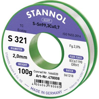 Stannol S321 2,0% 2,0MM SN99,3CU0,7 CD 100G Forrasztóón, ólommentes Ólommentes, Tekercs Sn99,3Cu0,7 ORH1 100 g 2 mm