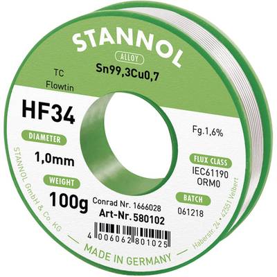 Stannol HF34 1,6% 1,0MM FLOWTIN TC CD 100G Forrasztóón, ólommentes Tekercs, Ólommentes Sn99,3Cu0,7 ORM0 100 g 1 mm