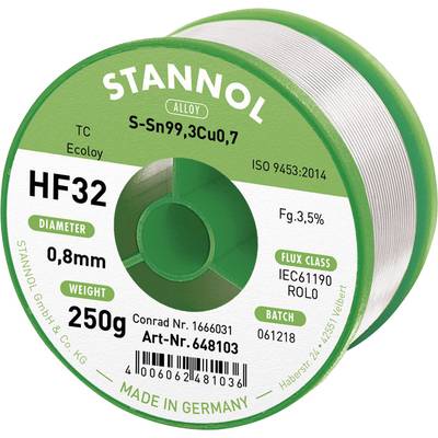 Stannol HF32 3,5% 0,8MM SN99CU0,7 CD 250G Forrasztóón, ólommentes Ólommentes Sn99,3Cu0,7 ROL0 250 g 0.8 mm
