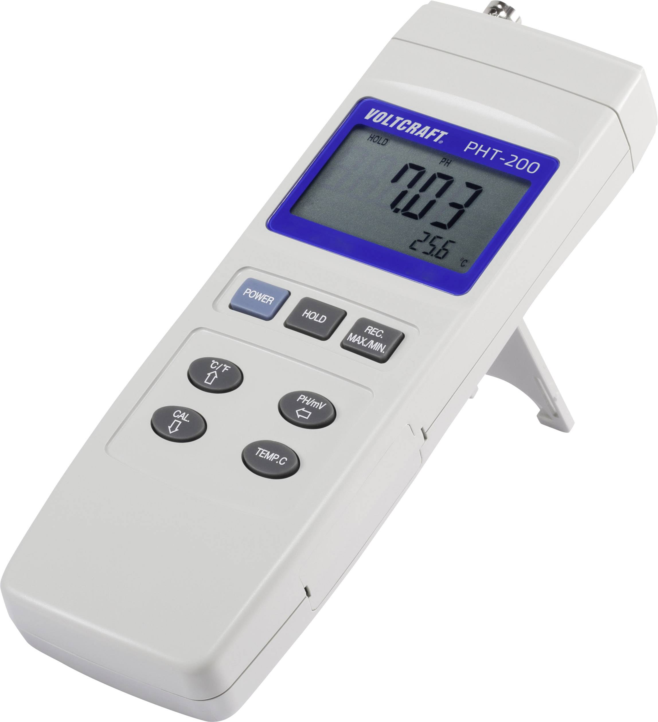 A 'Voltcraft PHT-200' vizsgálókészülék kijelzővel, mutatja a pH-értéket 0.03-nál, hőmérsékletet 25.6°C-nál. Gombok: POWER, HOLD, CAL. Hordozható, digitális mérőeszköz.